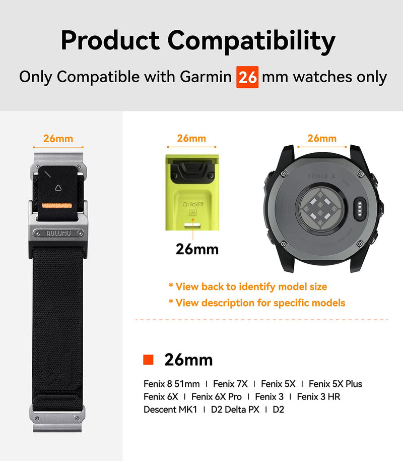 Aulumu C11 for Garmin Watch Band 26MM | Mag Buckle Slim Band | Memory Quick Release | Velvet Nylon Braid | Stainless Steel Magnetic Clasp Silver Buckle Black Band