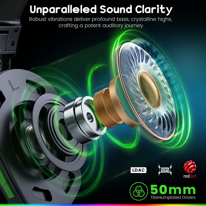7.1 Wireless Gaming Headset with Microphone for PS4, PS5, PC, Switch, Mac, 2.4GHz Bluetooth Gaming Headphones with Crystal-Clear Mic, 50Hr Battery, Cool RGB Black Standard-Wireless