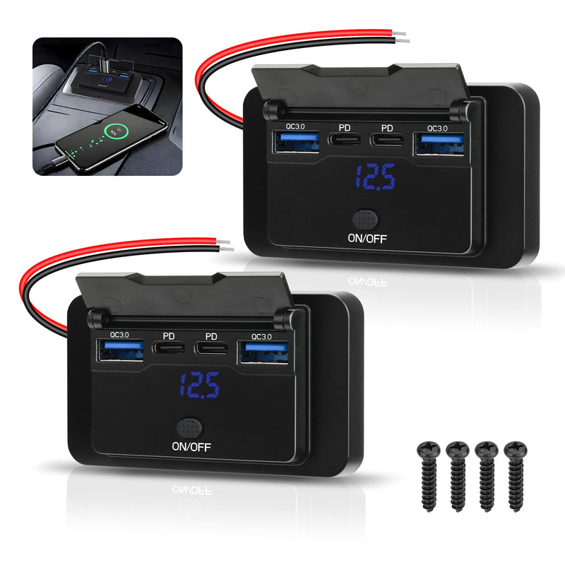 2 Pack 78W 12V USB Outlet Panel Wall Mount with Blue Voltmeter Dual 36W PD & Dual 18W QC3.0 Car USB Port Lightweight 12V USB Charger with ON/Off Switch Pack of 2 with 4 Port / 78W