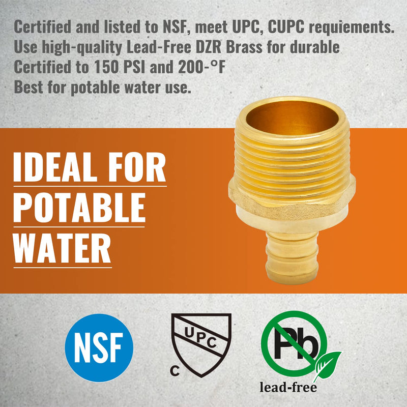 [AUSTRALIA] - SUNGATOR 6-Pack PEX 1/2" x 3/4" NPT Male Threaded Adapter Crimp Fitting, No Lead Brass 1/2" x 3/4", 6 Pack 