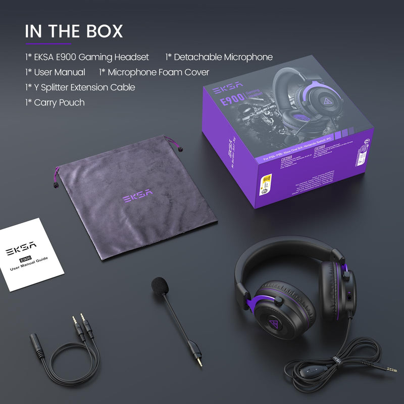 EKSA E900 Headset with Microphone for PC, PS4,PS5, Xbox - Detachable Noise Canceling Mic, 3D Surround Sound, Wired Headphone for Gaming, Computer, Laptop, 3.5MM Jack Purple