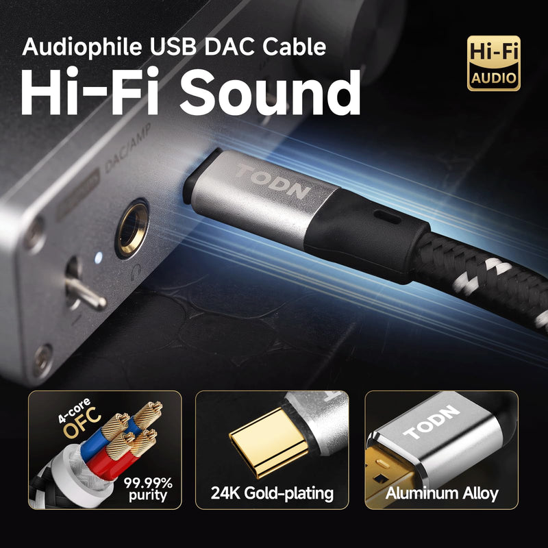 TODN HiFi USB A to USB C Audio Cable 6.5ft 4-Core OFC Shielded for DAC | Audiophile 24K Gold-Plated USB Audio Cable for Laptop/Sound Card/Amplifier/DJ Controller/Car Stereo 6.5ft/2m USB A to USB C Pro