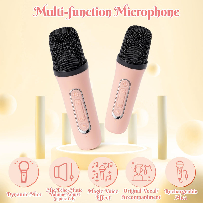 [AUSTRALIA] - MALLMALL6 Mini Karaoke Machine with 2 Wireless Microphone for Kids Portable Bluetooth 5.3 Karaoke Mic LED Color Lights Speaker Christmas Birthday Family Home Party Toys Gift for Boys Girls Pink 