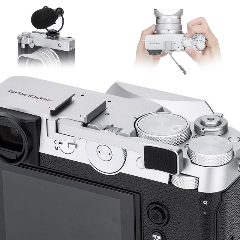 GFX100RF Thumb Grip, Metal 90° Foldable Thumb Up Grip for Fujifilm Fuji GFX100RF GFX 100RF Camera with Built-in Cold Shoe Mount, Hot Shoe Thumb Rest Support Holder Not Affect the Use of Dial -Silver