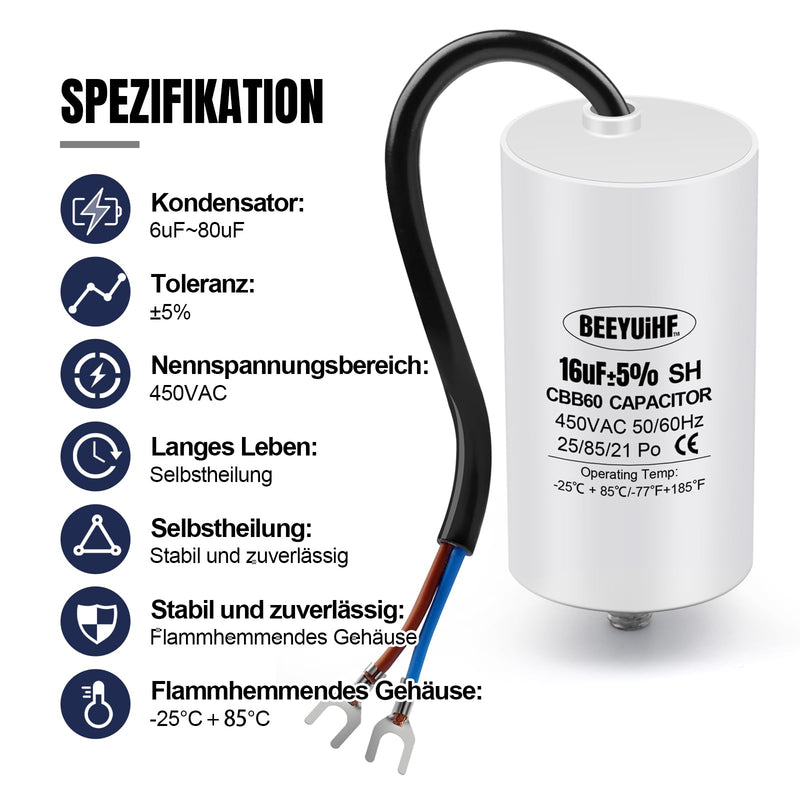 BEEYUIHF CBB60 Motor Capacitor 16µF 450V Capacitor 50/60Hz Starting Capacitor 16uF Motor Running Capacitor with Connection Cable for Electric Motor 40 x 73 mm 16μF / 16uF