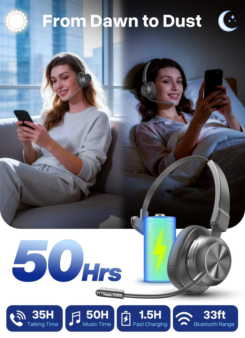 Trucker Bluetooth Headset, Wireless Headset with Microphone | USB Dongle, On Ear Bluetooth Headphones with AI Noise Cancelling 50H Playback Mute Button for Truck Driver Office Work, Ash