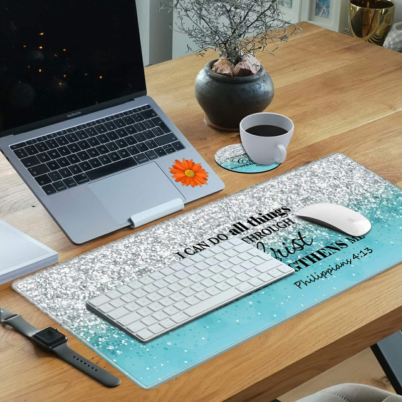 Desk Mat Gaming Mouse pad for Laptop Computer,Blue Flash Bible Pattern Customized Design Desk pad, Home Office Accessories, with Coasters & Cute Stickers Christ Bible 4:13 Quote