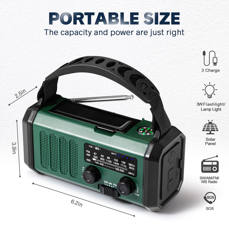 10000mAh Crank Radio, Emergency Radio, Solar Radio, NOAA/AM/FM Weather Radio, USB Type-C Charging,Dynamo Radio,Polymer Battery,Torch & LED Reading Light, SOS Alarm,Compass for Camping