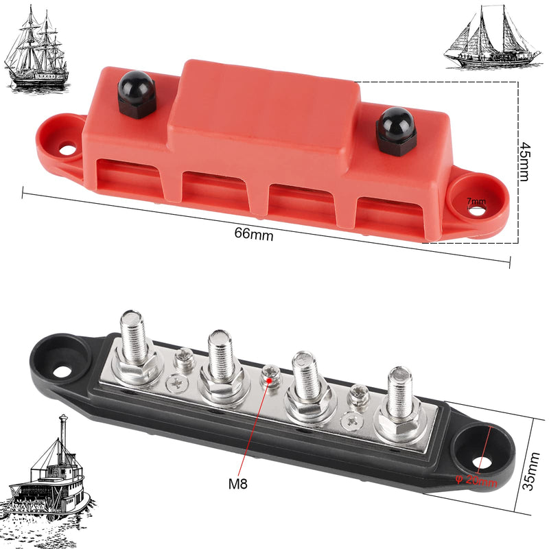 CPROSP 2-Piece Collecting Rail with Lid 250 A, Power Distribution Rail with 4 x M8 Bolt Connection, Battery Connection Block 5/16 Inches, BusBar Box for Car, RV, Boat, Yacht 250A--4*M8