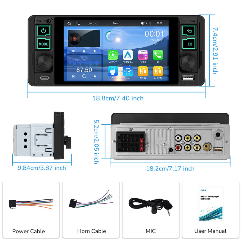 Single Din Radio Car Stereo with Wireless and Wired CarPlay & Android Auto 5.1" with Bluetooth 5.2 Car Audio Receiver AM&FM, EQ, TF, AUX＆USB, Fast Charging, AHD Backup Camera MIC