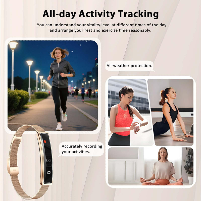 Smart Bracelet for Men Women with 2 Bands 24/7 Fitness Health Tracker | Heart Rate/Pressure Detection/Sleep Monitor, 5ATM Waterproof Fashion Wristband with Multiple Sport Modes Android iOS Gold Steel + Black Silicone