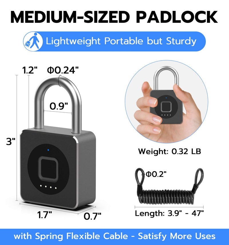 eLinkSmart Fingerprint Gym Locker Lock, Keyless Biometric Padlock, Weatherproof Electronic Digital Smart Combo Pad Lock for Outdoor Fence Gate Storage Fridge Helmet Ski Pool Shed (Black, with Cable) Black, with Cable
