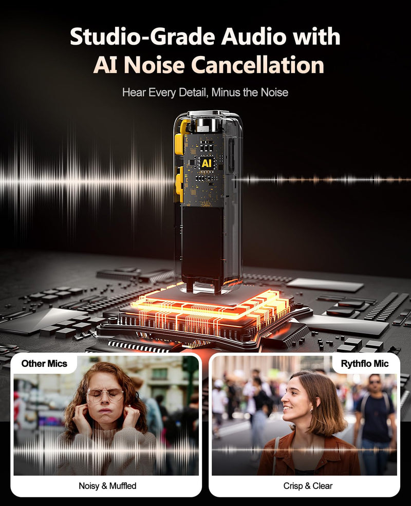 [AUSTRALIA] - Rythflo Wireless Lavalier Microphone for iPhone/Android/iPad/Laptop Dual Lav Mic with Charging Case, AI Noise Reduction, 50H Battery, 230ft Range, Lapel Microphones for Video Recording, Vlogging Yellow 