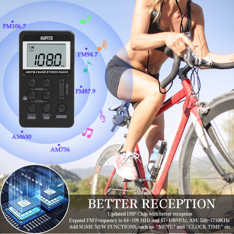 Pocket AM FM Radio Portable Digital Tuning Radio with Best Reception - Hapito Personal Small Transistor radios with Sterio Earphone, Rechargeable Battery and Lock Screen for Walk/Gym (Black) Black