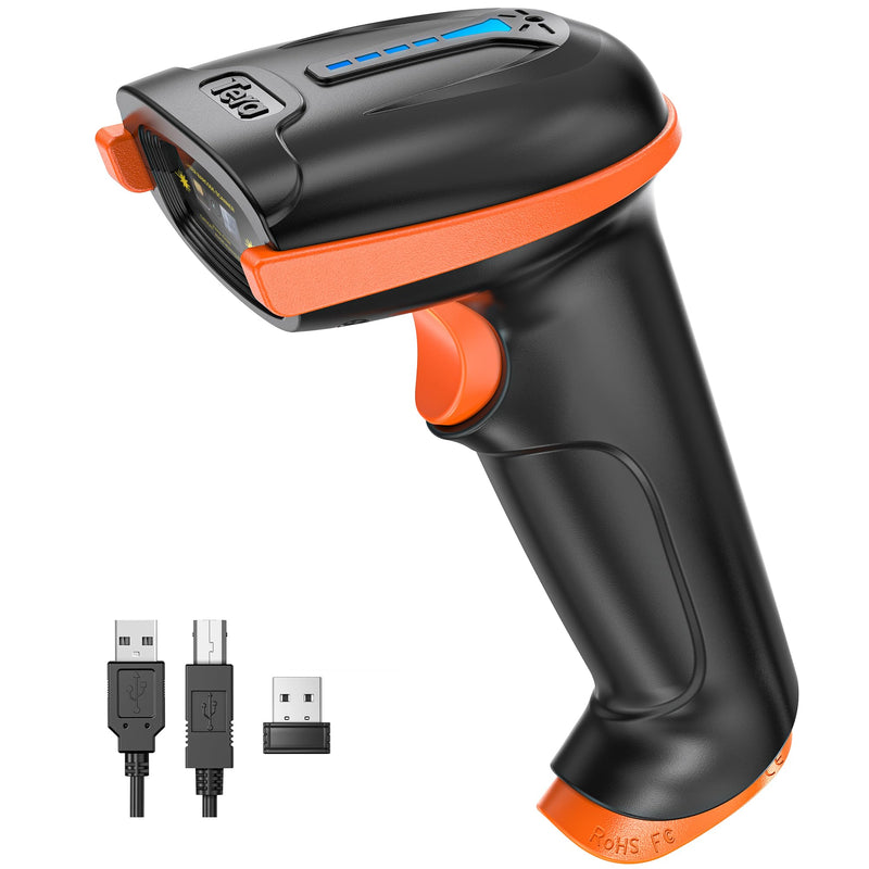 Tera Barcode Scanner Wireless 1D Laser Cordless Barcode Reader with Battery Level Indicator, Versatile 2 in 1 2.4Ghz Wireless and USB 2.0 Wired 1D Orange