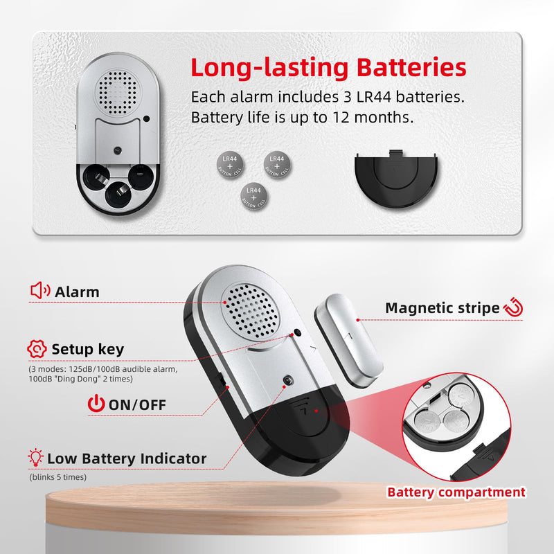 Sanjie Door Window Alarms - 5 Pack,125dB,Volume Control,Window Door Open Alarm Sensors for Kids Safety/Dementia/Pool,Wireless Sensors Keep Your Home Security,Easy to Install,Long Battery Life silver