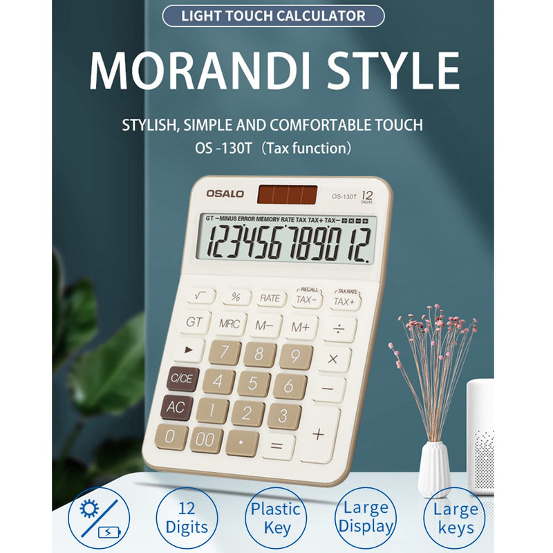 Pendancy 12 Digit Office Calculator Desktop with Tax+/- for Advanced Tax Calculation, Large LCD Display Big Buttons, Dual Power Durable Portable Design, for Financial Accounting Business Use 130T-Brown