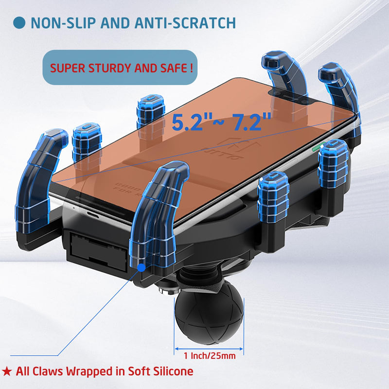 Vibration Damping Motorcycle Phone Mount -Shock Absorbing Bracket with Anti-Theft Design & 1" Ball Base 360° Rotation Universal for 4.0"-7.2" Phones, Fits for 0.5"-1.3" Handlebars