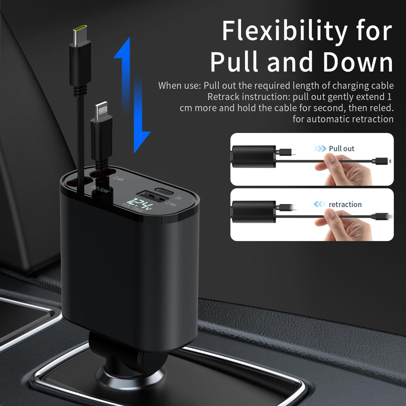 Retractable Car Charger, 4 in 1 Fast Charging Car Charger 60W, Retractable Cable and 2 USB Ports Car Charger Adapter Compatible with iPhone 15 14 13 12 11 Pro Max, Galaxy S23, Pixel Car Charger Type C+Lightning-CL B