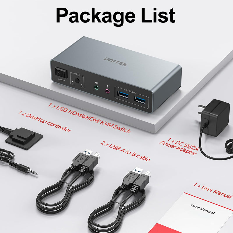 Unitek KVM Switch 2 Monitors 2 Computers HDMI Dual Monitor 4K@60Hz | 2 PC 3 USB Ports for Keyboard Mouse Hard Drives Mic Headphone Jack DC 5V Adapter Controller Extended and Mirror Mode Aluminum Grey