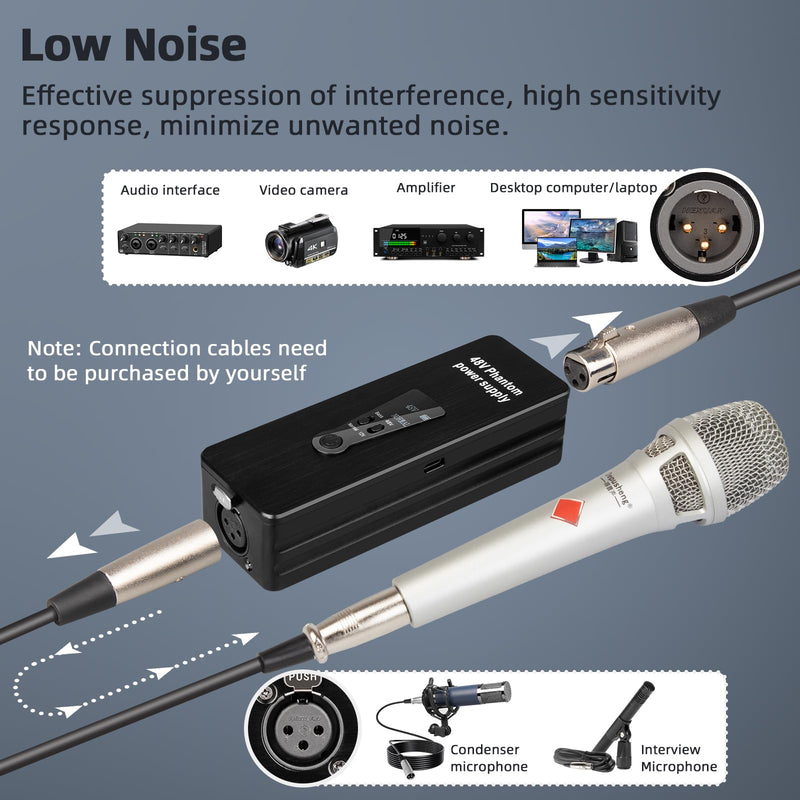 Depusheng Phantom Power Supply 48V/12V Switch, Rechargeable Portable Phantom Power for Condenser/Interview Shotgun Microphone, Audio Interface, Recording Studios, Up to 40h Working Time
