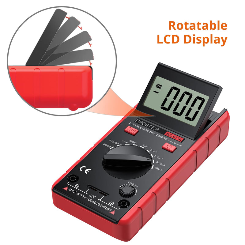 Proster Digitales Kapazitätsmessgerät 200pF-20mF Messgerät Kondensator Handmultimeter Tester für Anfänger mit drehbarer LCD-Anzeige Rot-vereinfachte Version