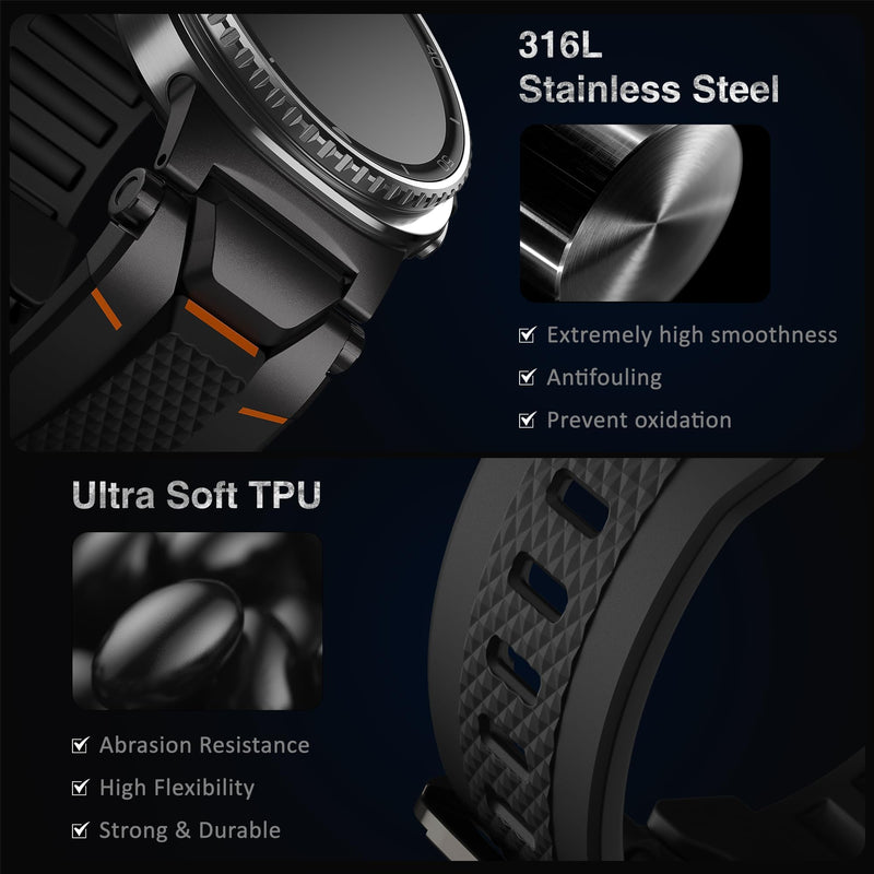 ULTIMAL Rugged TPU Band Compatible with Samsung Galaxy Watch 9/8/8 Classic | Replacement Strap with Mental Secure Connector Compatible with Galaxy Watch 9 8 44mm 40mm/8 Classic 46mm, Black+Black