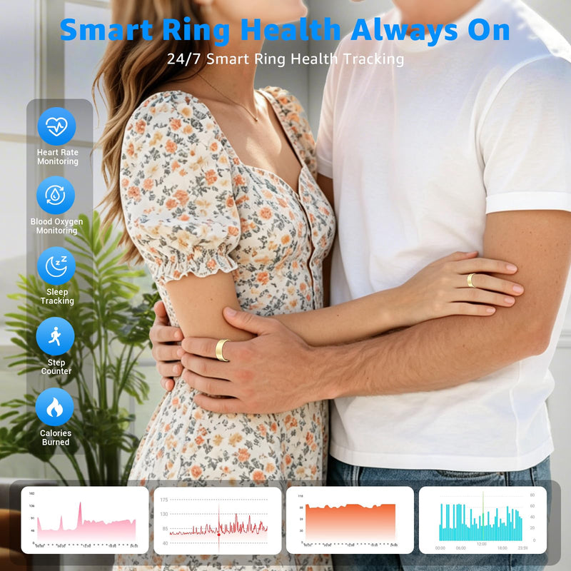 Smart Ring No Subscription, Health Tracker Ring for Women (Gold, 8#) | Tracker Sleep, Blood Oxygen, Heart Rate, SpO2, HRV Stress, Step Counter, IP68 Waterproof, Compatible with iOS & Android Gold 8#