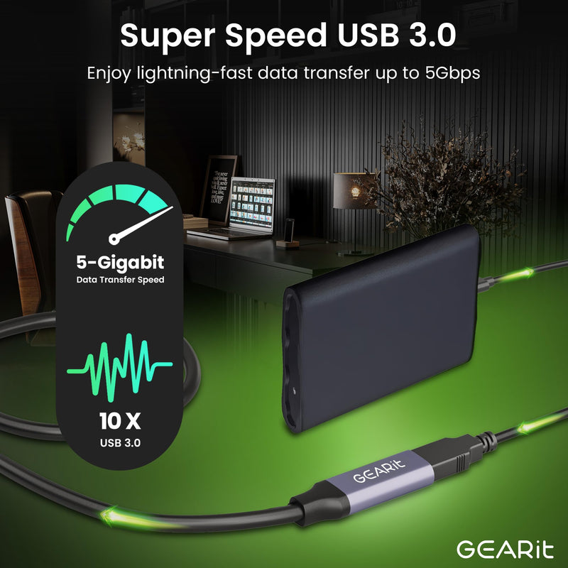 GEARit USB 3.0 Active Extension Cable (30 Feet) A-Male to A-Female USB Repeater with Signal Booster for Oculus Rift, Quest Link, Xbox 360 Kinect, PlayStation, Printer, Webcam - 30ft Black 30 Feet