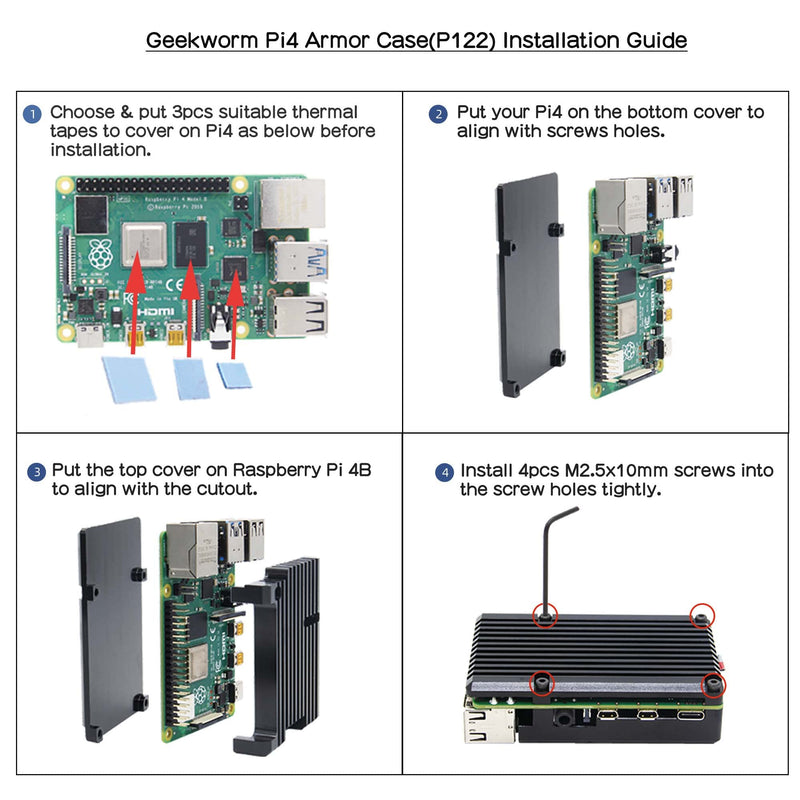 [AUSTRALIA] - Geekworm Raspberry Pi 4 Model B Armor Heatsink Fall/Raspberry Pi 4B Aluminium Alloy Passive Cooling Case with Dual Cooling Fan for Raspberry Pi 4 Model B Only Black 
