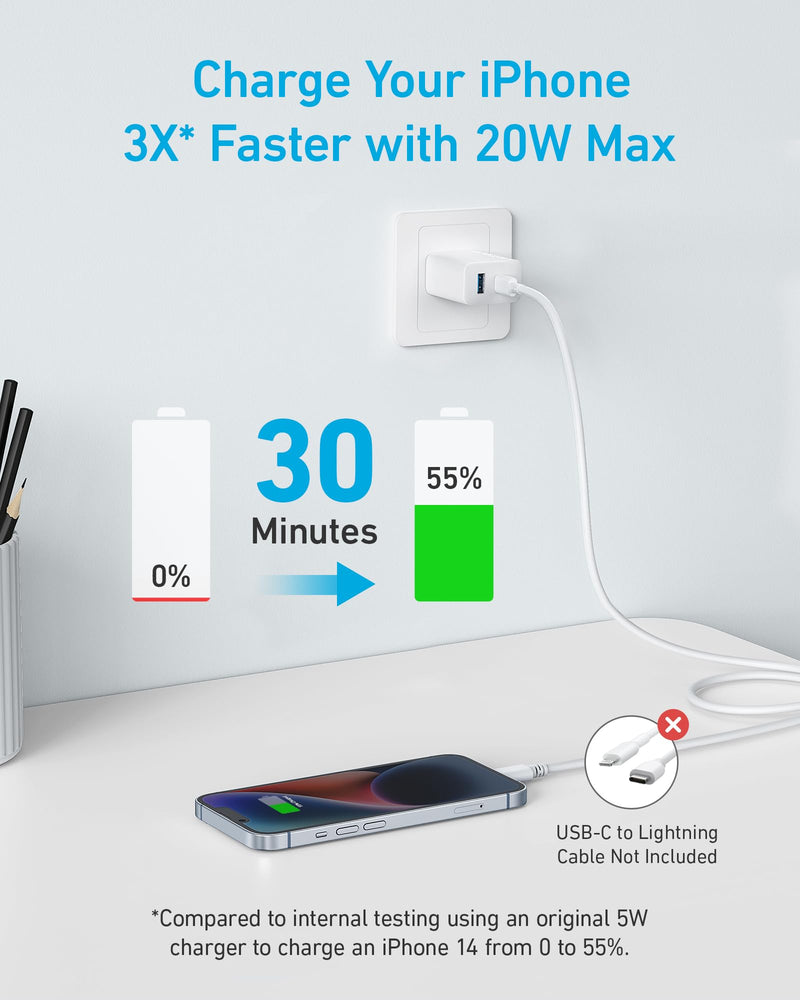 Anker iPhone 15 Charger, Anker USB C Charger Block, 2-Pack 20W Fast Wall Charger for 15/15 Pro/Pro Max/iPad Pro and More, with 2 Pack 5 ft USB-C Cable 2pack&2cable White 1