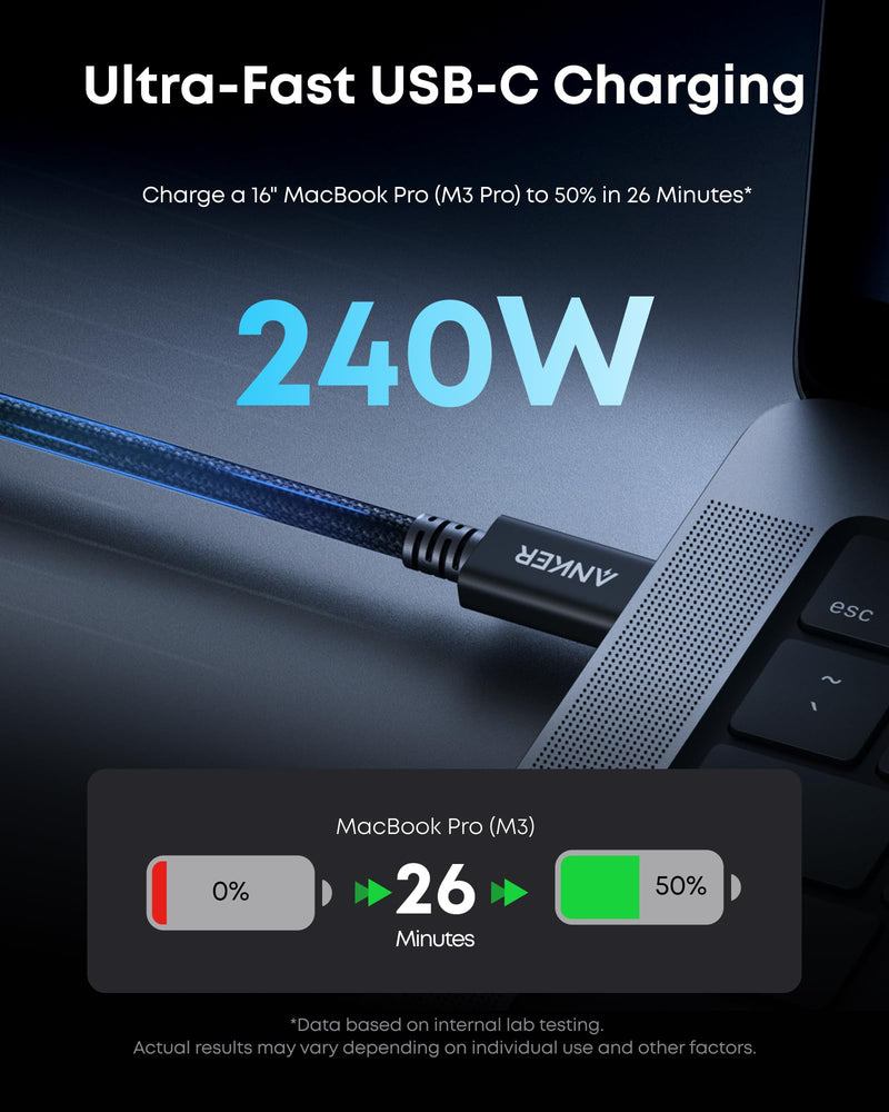 Anker Prime Thunderbolt 5 Cable, 3.3ft USB-C to USB-C Cable, 240W Charging | 80Gbps Data Transfer, Up to 120Gbps Bandwidth, 8K/4K Displays, for iPhone 16, MacBook and More (Thunderbolt 5-Certified)