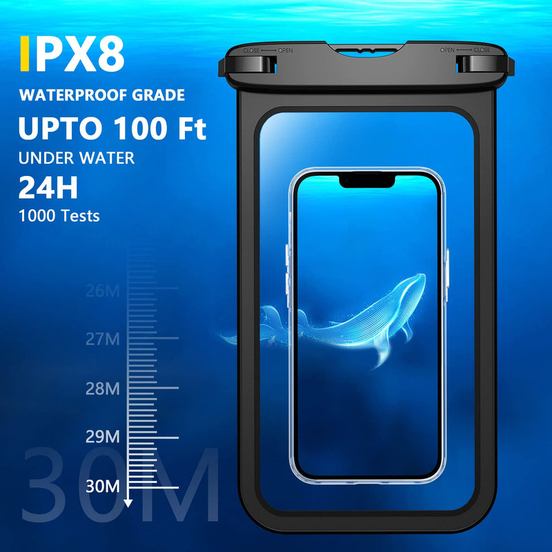 Temdan 2 Pcs Waterproof Phone Pouch, [Up to 10" Large] Universal IPX8 Waterproof Cell Phone Case Dry Bag with Lanyard for iPhone 15 Pro Max/14/13/12/11/SE,Galaxy S24 Ultra/S23/S22 for Vacation -Black Large 10" Black&Black