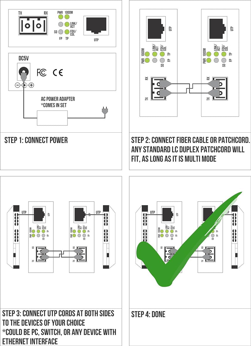 Multimode LC Gigabit Fiber Optic to Ethernet Media Converter, SFP Included | 850nm over OM1 OM2 OM3 OM4 OM5, 62.5/125 or 50/125 - MM LC duplex, 550m/1804ft - Cat5e Cat6 RJ45 10/100/1000 auto sensing