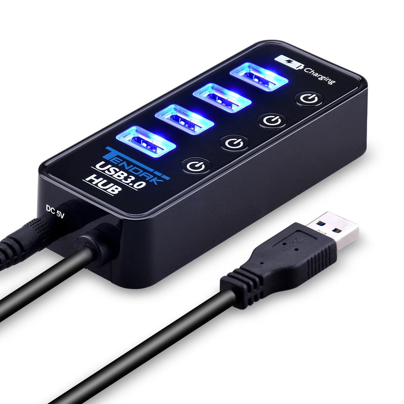 USB 3.0 Hub, Tendak USB Hub with 4 USB 3.0 Data Ports + 1 USB Smart Charging Port and Power Supply Adapter with Individual On/Off Port Switches for PS4 Pro PS4 Slim Xbox One