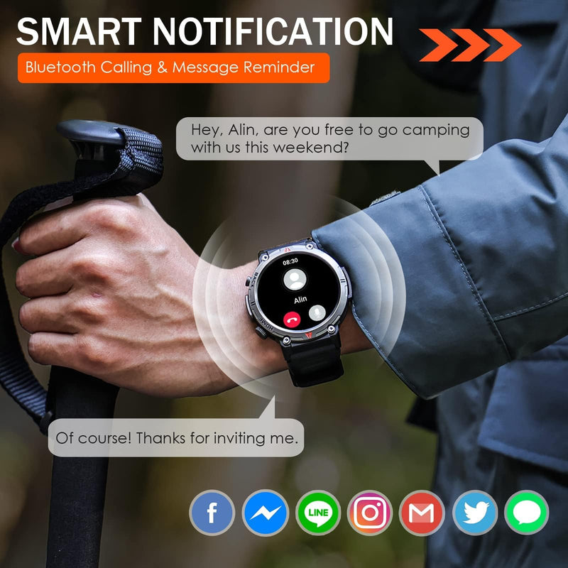 Military Smart Watch for Men with LED Flashlight 1.45" HD 3ATM Waterproof | Rugged Smart Watch with 100+ Sports Modes Fitness Tracker with Heart Rate/Sleep Monitor Tactical Smartwatch for iOS Android Orange