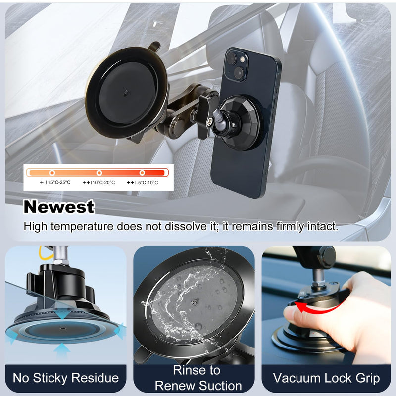 koolehaoda Magnetic Car Phone Holder for Magsafe, Vacuum Suction Cup Phone Mount for Windshield Dashboard, 360° Adjustable Metal Arm Car Phone Holder for iPhone Samsung All Smartphone & Cars Truck