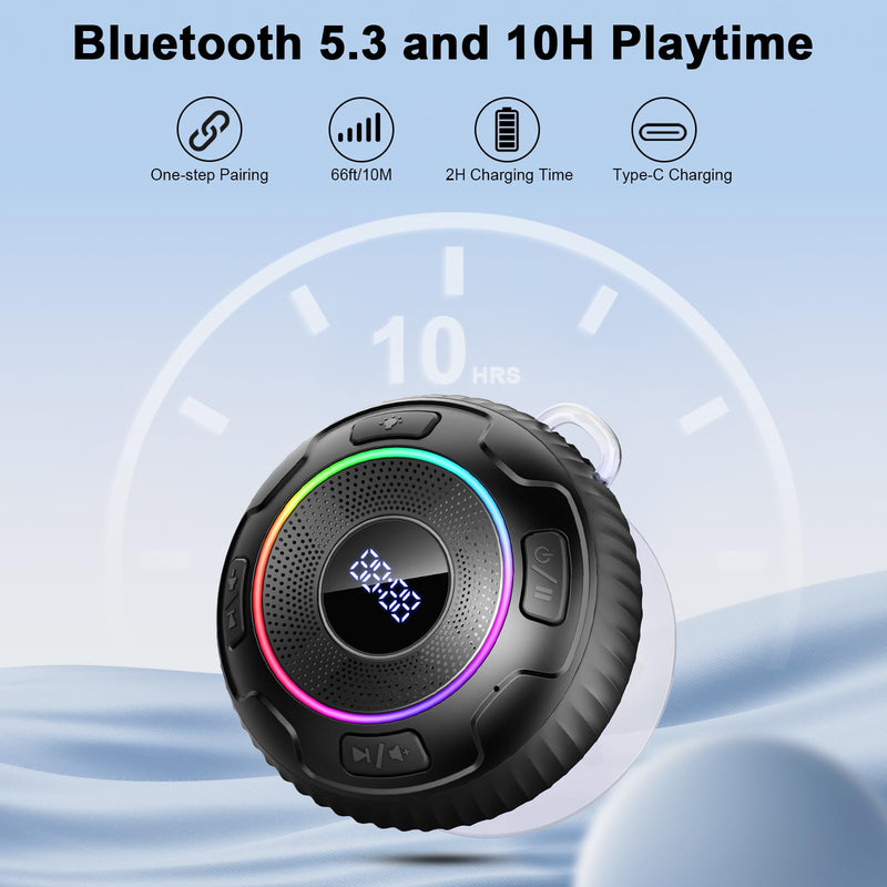 Hupoaf Bluetooth Shower Speaker, Bluetooth Speaker 5.3, 6D Sound, Portable Speaker with Suction Cup/Hook, IPX7 Waterproof, with LED Light/Time Display, for Outdoor/Party/Bathroom//Kayak/Gift Black
