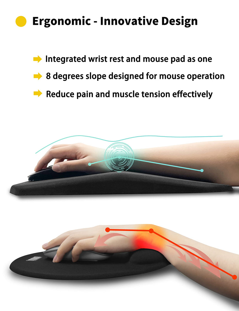 SOUNDANCE Ergonomic Mouse Pad with Wrist Rest Support, Thick Mousepad Relief Carpal Tunnel Pain, Entire Memory Foam with Non-Slip PU Gel Base for Computer Laptop Desktop Home Office, 14 x 8 Inch Black A-Black