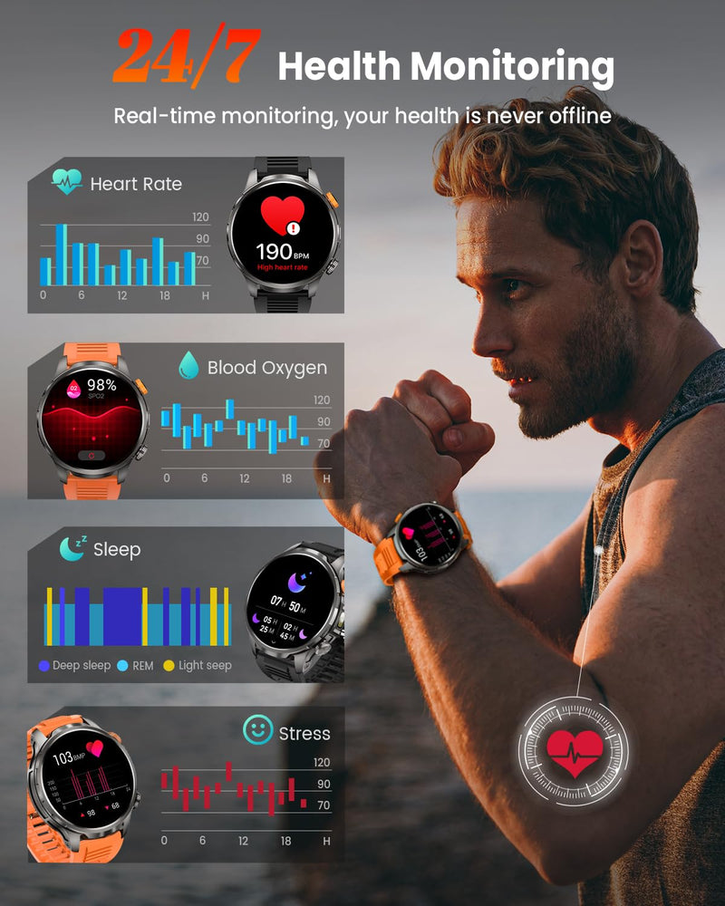 Military Smartwatch for Men 1000mAh Fitness Tracker Rugged Men Watch 2Bands | 1.91" Men's Smart Watch Answer/Make Calls, 5 ATM /110+ Sport Modes/Heart Rate/SpO2/Sleep Monitor Watch for Android Iphone Black 1.91"
