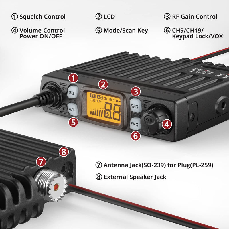 Radioddity CB-27 Pro 40-Channel Mini Mobile CB Radio with AM/FM Instant Emergency Channel 9/19, 4W Power Output, VOX, RF Gain + Radioddity RAM5 CB Radio Antenna Magnet Mount SO-239 Connection