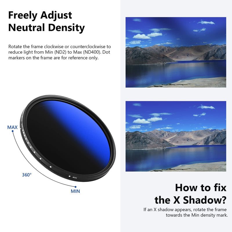 [AUSTRALIA] - NEEWER 67mm MRC Variable ND Filter ND2-ND400, Neutral Density Adjustable ND Filter (0.3 to 2.7,1 to 9 Stops), Multi Layer Coated Optical Glass, Water Repellent & Scratch Resistant Ultra Slim Filter 