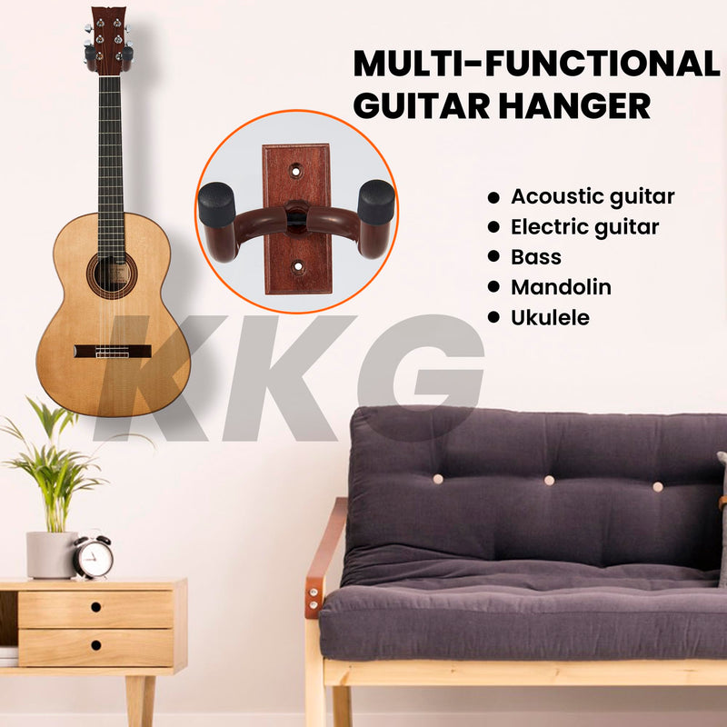 [AUSTRALIA] - KKG 2pack Guitar Wall Mount Wood Hanger,and 2pack Guitar Strap with Guitar Pick and Strap Button Accessories for Safe Storage and Display for Acoustic Electric Guitar Bass Banjo and Instruments. A:2 Hanger& 2 Strap 