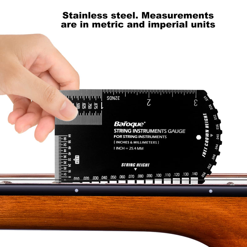 String Action Gauge Ruler, Guitar Set Up Gauge,Multifunctional Guitar Fret Rocker Luthier Tool with Thick Leather Case,Precise Etched, Polished Edge (Inch and Metric) Black