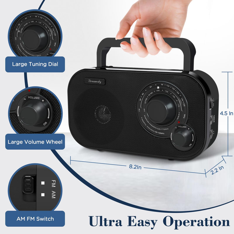 [AUSTRALIA] - DreamSky AM FM Portable Radio Plug in Wall or Battery Operated for Home & Outdoor, Strong Reception, Large Dial Easy to Use, Transistor Antenna, Headphone Jack, Small Gifts for Seniors Elderly Black 