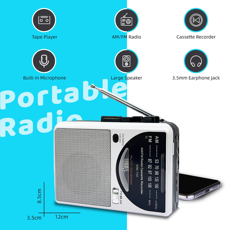 [AUSTRALIA] - Cassette Tape Player, Cassette Recorder with Automatic Rewind, AM/FM Battery Powered Radio with 3.5MM Headphone Jack, Big Speaker, Microphone Jack, Powered by DC or AA Battery (White) 