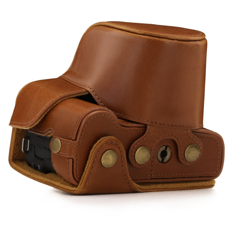 MegaGear Canon EOS M50 Leather Camera Case - Premium PU Leather Protective Cover, Ever Ready Design with Battery Access - 15-45mm Lens - Light Brown