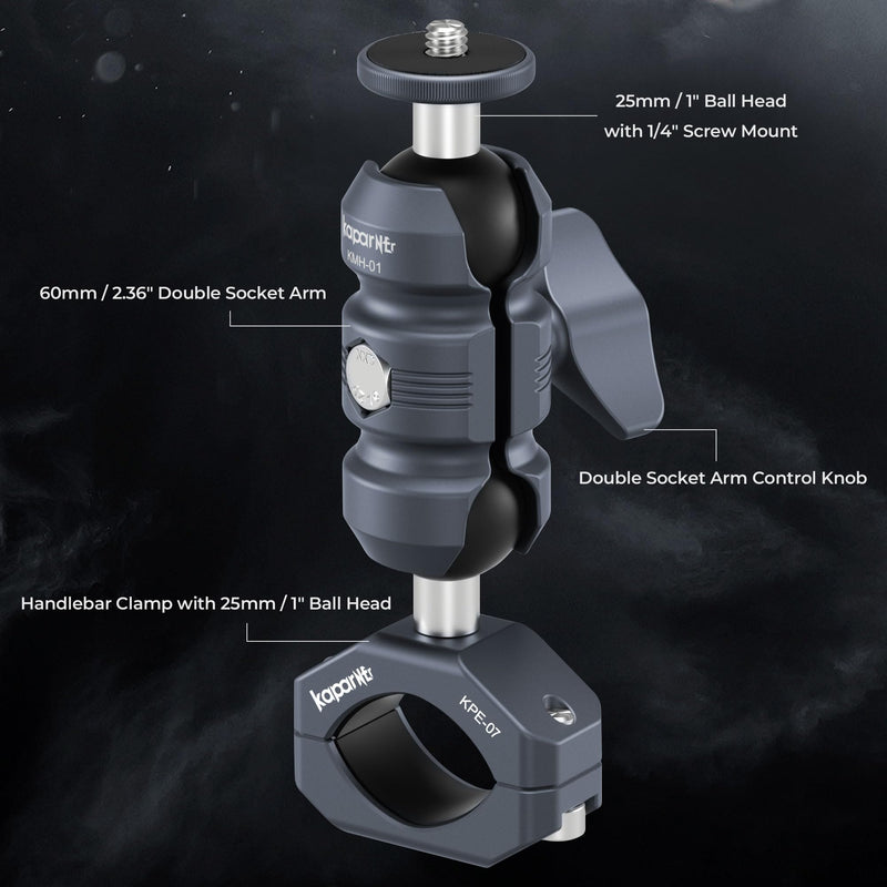 Sport Camera Holder with 1/4" Thread Ball Adapter, Install 22-32mm Diameter Round Bars, 25mm Ball, Aluminum, U-Bolt Base for ATV/Scooter Handlebar (KCB-2) KCB-2 Suitable for 0.85“ to 1.14” rails