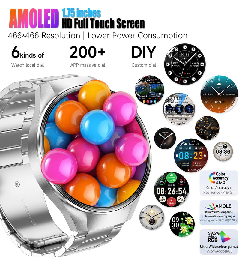 Mens Smartwatch 1.75" AMOLED Bluetooth Calls Heart Rate & Blood Oxygen Sleep Monitor Fitness Tracker IP67 Waterproof Smart Watch for Men Compatible with Android iOS Voice Assistant (Silver RT-G5Plus) Silver RT-G5Plus