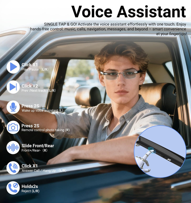 AI Smart Bluetooth Glasses for Men and Women with Chat GPT, Translation Glasses with 115 Languages and Rimless Photochromic Lens, Hands-Free Calls, UV Protection Translator Sunglasses for Music, work Black Temples Photochromic Lenses